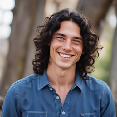 a man with long hair and a blue shirt. Client.