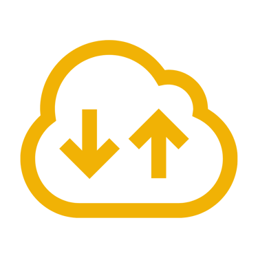 Yellow cloud computing icon with upload and download arrows on a black background.