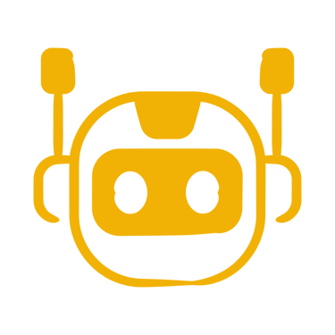 Yellow minimalist robot head icon with antennas and a digital face on a black background.