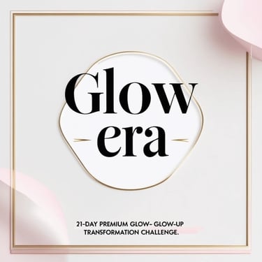 Glow Era 21-day premium glow-up transformation challenge graphic with elegant pink and gold accents.