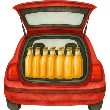 Ein rotes Auto vollbeladen mit Saftflaschen