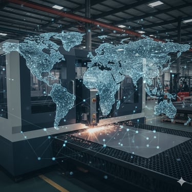 Imported CNC laser system with globe overlay