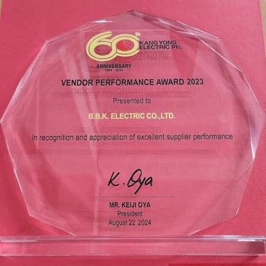 Vendor Performance Award to BBK Electric from customer on April 22th 2024 to show BBK hall of frame