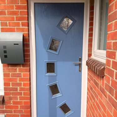 Pigeon blue front door with 5 glass panels in an arch fitted in Stubbington, Hampshire.