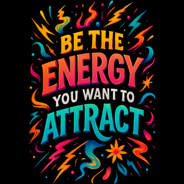 Colorful text reading Be the Energy You Want to Attract with lightning bolts and stars in rainbow to