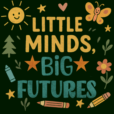 Retro teacher shirt with "Little Minds, Big Futures" and colorful kid-style doodles