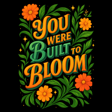 Floral graphic with “You Were Built to Bloom” in colorful 3D lettering and bright leafy accents