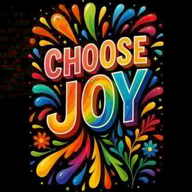 Colorful "Choose Joy" text with rainbow splashes and floral accents on black.
