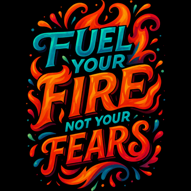 Fiery typography saying Fuel Your Fire Not Your Fears in bold red, orange, and teal lettering