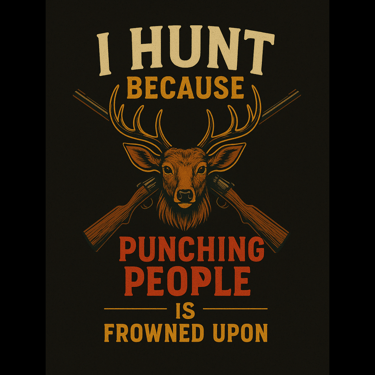 Funny vintage hunting shirt design with deer and rifles, text reads “I Hunt Because Punching People 