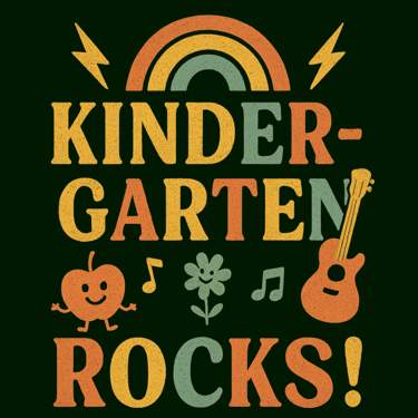 Kindergarten Rocks! retro teacher shirt with rainbow, apple, and guitar