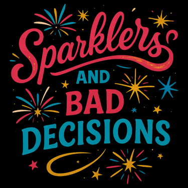 Fireworks surround the words "Sparklers and Bad Decisions" in colorful text