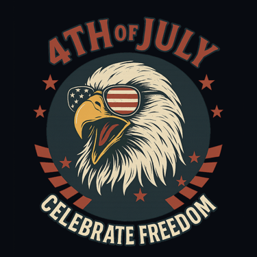 Roaring eagle in USA flag glasses with “Celebrate Freedom” and 4th of July text