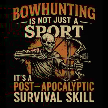 Skeleton drawing a compound bow with the phrase “Bowhunting is not just a sport, it’s a post-apocaly