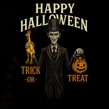 Creepy gentleman in top hat holding rubber chicken and pumpkin candy bucket with Trick-or-Treat text