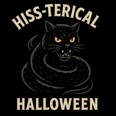 Hissing black cat with glowing eyes, text Hiss-terical Halloween