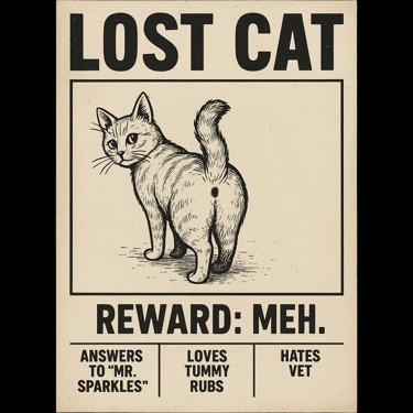 Funny lost cat poster with cartoon cat butt and sarcastic reward text