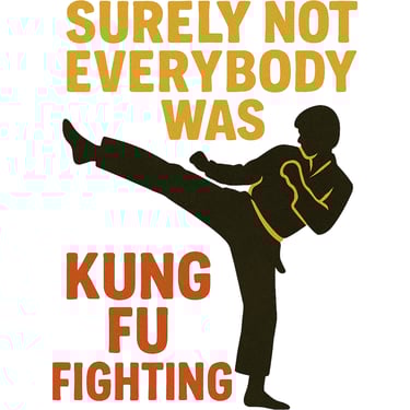 Silhouette kick with retro text: Surely Not Everybody Was Kung Fu Fighting