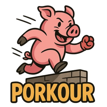 Cartoon pig doing parkour jump over wall with text “Porkour” funny pun design.
