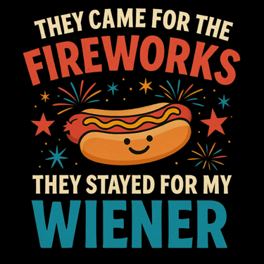 Smiling hot dog with fireworks and bold red and blue text on a patriotic 4th of July design