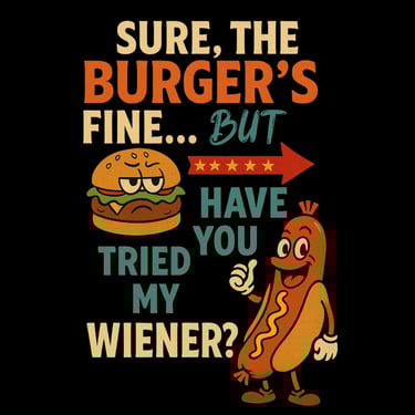 Retro hot dog and burger cartoon with bold 4th of July text and fireworks humor