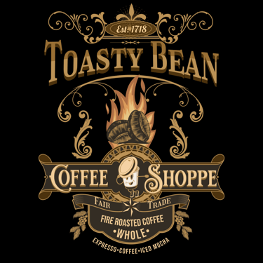 Vintage coffee shop logo with fire-roasted beans and ornate gold flourishes.
