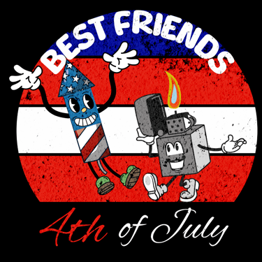 Cartoon firework and lighter with “Best Friends” and patriotic grunge background
