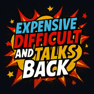 Colorful comic-style text: “Expensive, Difficult, and Talks Back” on starburst