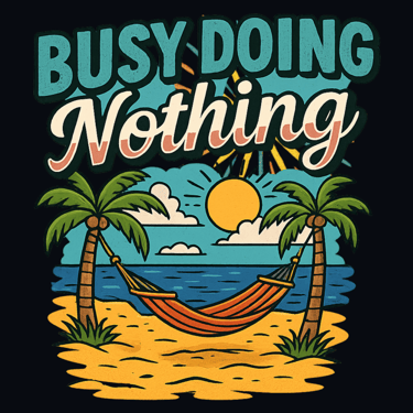 Retro beach design with hammock, palm trees, ocean, sun, and the phrase "Busy Doing Nothing"