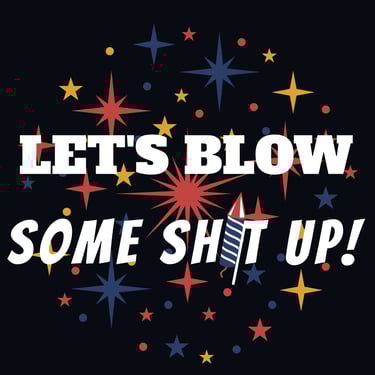 Bold fireworks text with red, white, and blue stars and a rocket graphic in center.
