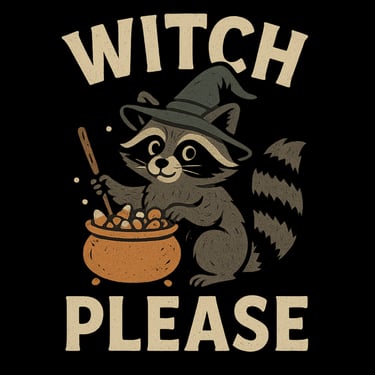 Cute raccoon in witch hat stirring cauldron of candy with text Witch Please