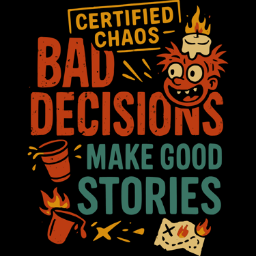 Funny illustrated text reads “Certified Chaos – Bad Decisions Make Good Stories” with fire, map, and