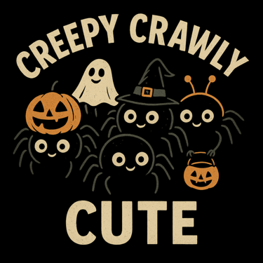 Smiling spiders dressed as pumpkin, ghost, witch, and trick-or-treater, text Creepy Crawly Cute