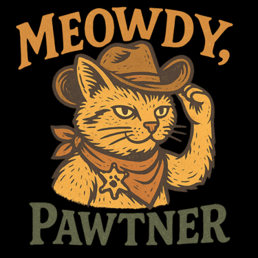 Cowboy cat tipping hat with sheriff star and bold western text.