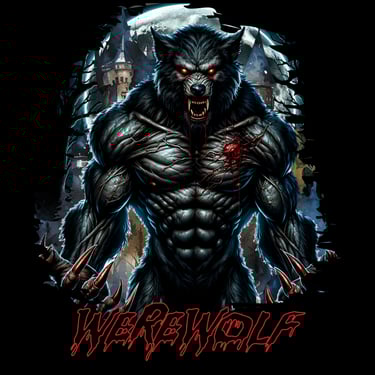 Snarling werewolf with glowing red eyes and blood under full moon with haunted castle