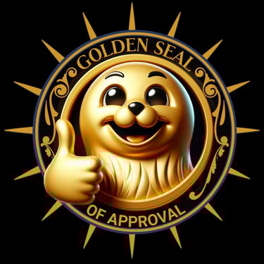 Smiling golden seal with thumbs up in badge reading "Golden Seal of Approval"