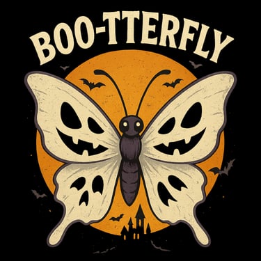 Spooky butterfly with jack-o’-lantern wings flying before orange moon, text BOO-TTERFLY