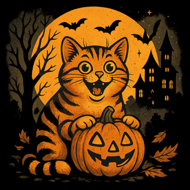 Happy orange cat holding jack-o’-lantern with bats, haunted house, and orange moon