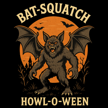 Winged Bat-Squatch roaring under orange moon with haunted forest background, text Howl-O-Ween