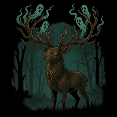 Haunted stag with glowing ghost spirits in antlers standing in eerie forest