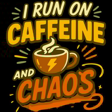 Bold cartoon-style text says “I Run on Caffeine and Chaos” with a steaming coffee cup in the center