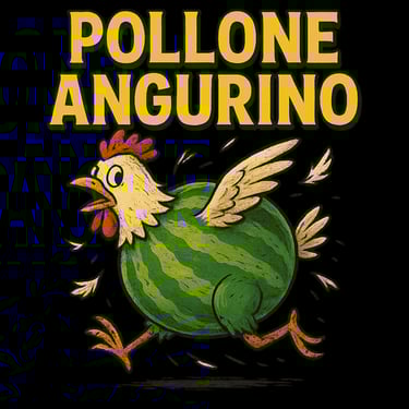 Running chicken with a watermelon body and bold yellow text above.