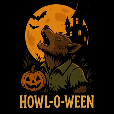 Werewolf howling at orange moon with haunted castle and jack-o’-lantern, text Howl-O-Ween