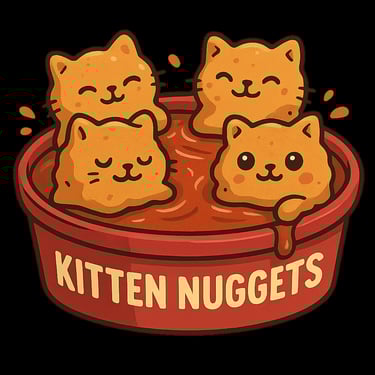 Four cute kitten nuggets in a red dipping bowl with smiling faces