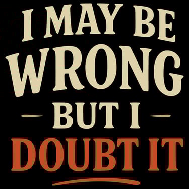 Vintage-style text says “I May Be Wrong But I Doubt It” in tan and red letters on black