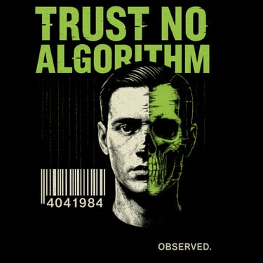 Half-human half-skull glitch face with “Trust No Algorithm” and barcode 4041984