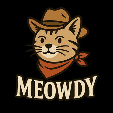 Cowboy cat wearing a hat and bandana above the word “MEOWDY” in western-style font