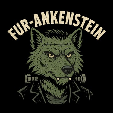 Wolf Frankenstein monster with bolts and stitches, text Fur-Ankenstein