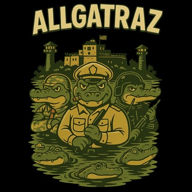 Angry alligator guards in front of swamp prison under bold “ALLGATRAZ” text