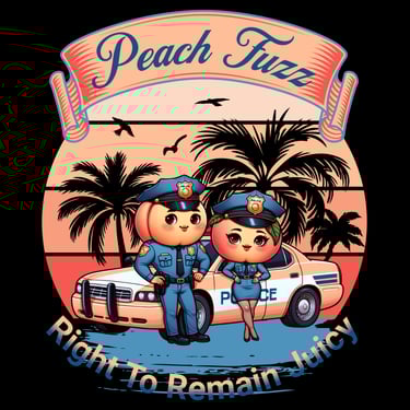 Two peach police officers in front of car with text Peach Fuzz and Juicy tagline